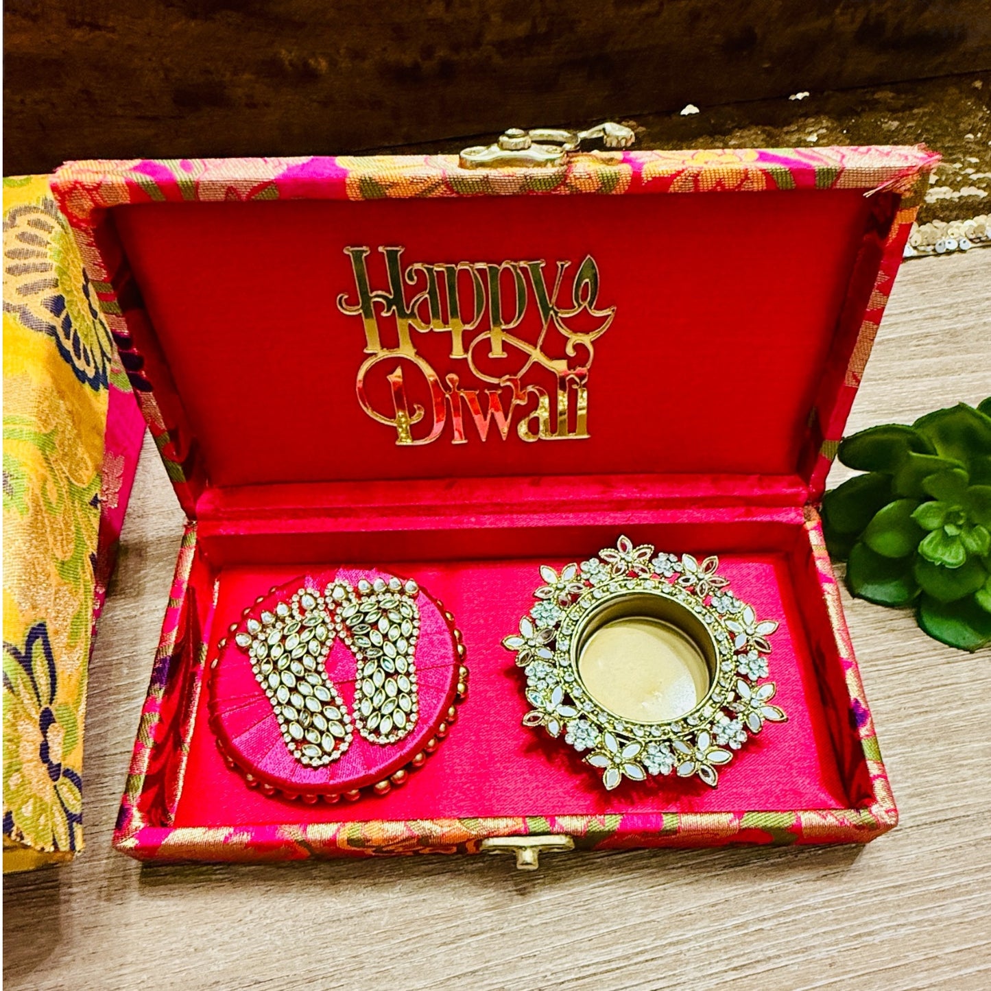 Gift Combo - Mirror T-Light Holder with Laxmi Charan in Brocade Box with Happy Diwali Cutout