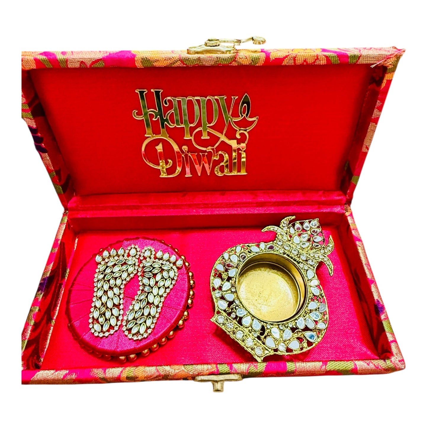 Gift Combo - Mirror T-Light Holder with Laxmi Charan in Brocade Box with Happy Diwali Cutout