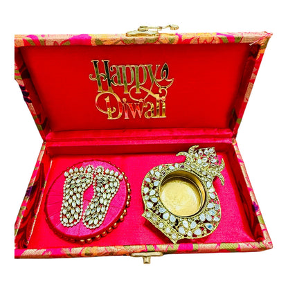 Gift Combo - Mirror T-Light Holder with Laxmi Charan in Brocade Box with Happy Diwali Cutout