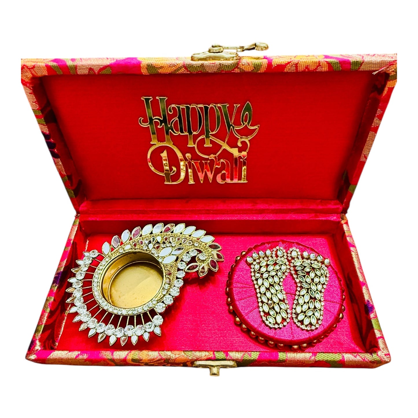 Gift Combo - Mirror T-Light Holder with Laxmi Charan in Brocade Box with Happy Diwali Cutout
