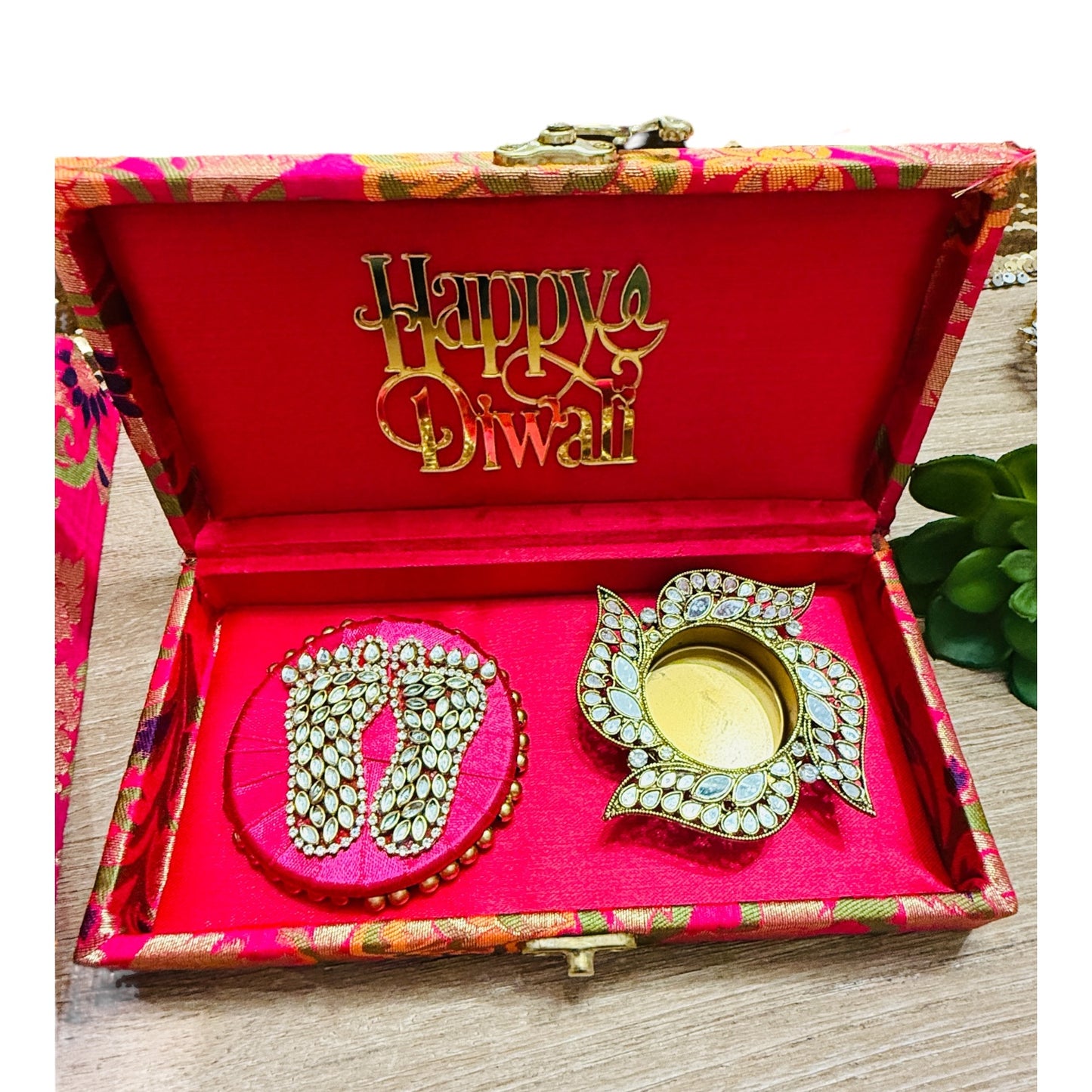 Gift Combo - Mirror T-Light Holder with Laxmi Charan in Brocade Box with Happy Diwali Cutout