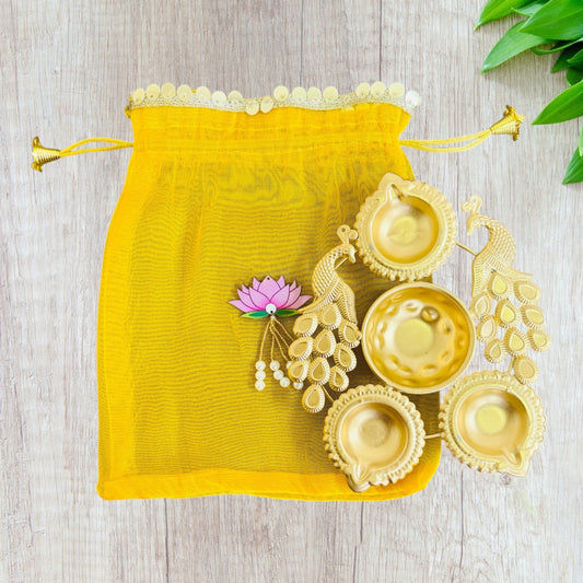 Small Peacock Urli with Tissue Potli Combo - Return Gifts for Housewarming, Diwali or Puja