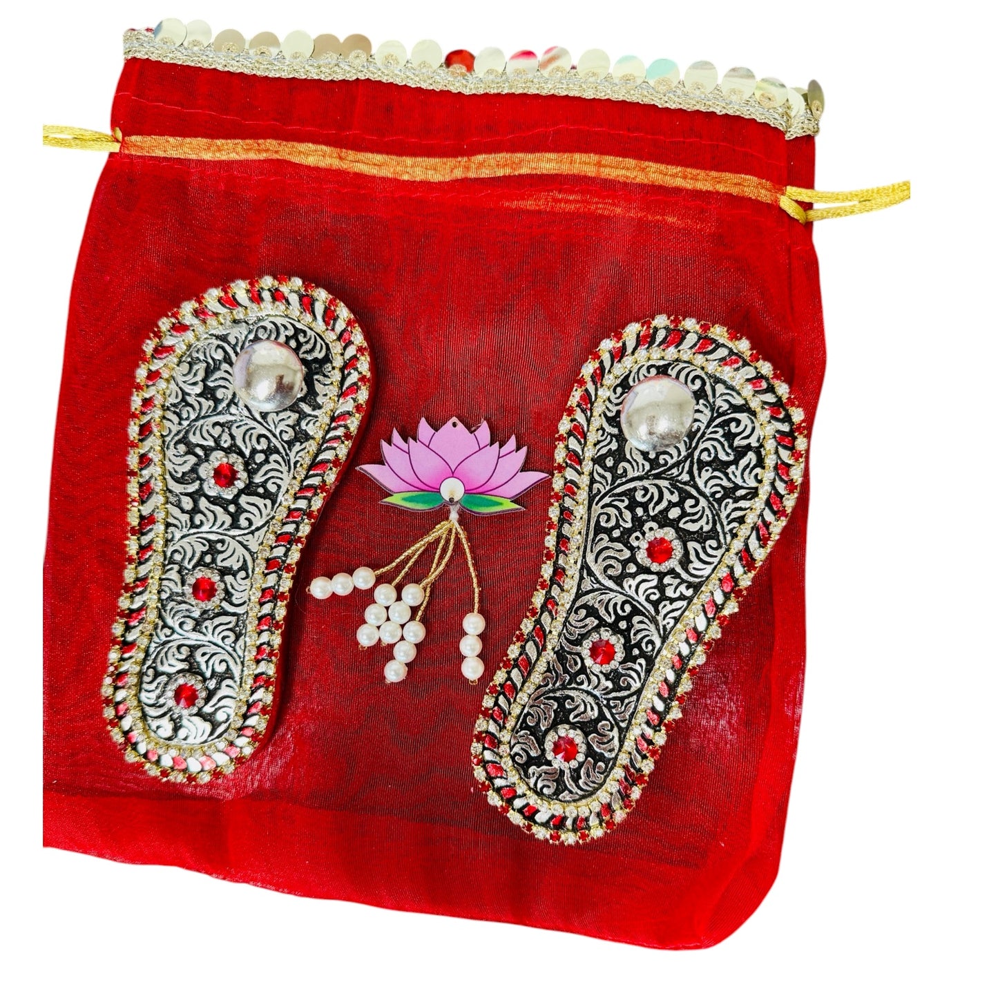 Antique Finish German Silver Laxmi Charan Paduka with Stone Work in Matching Potli