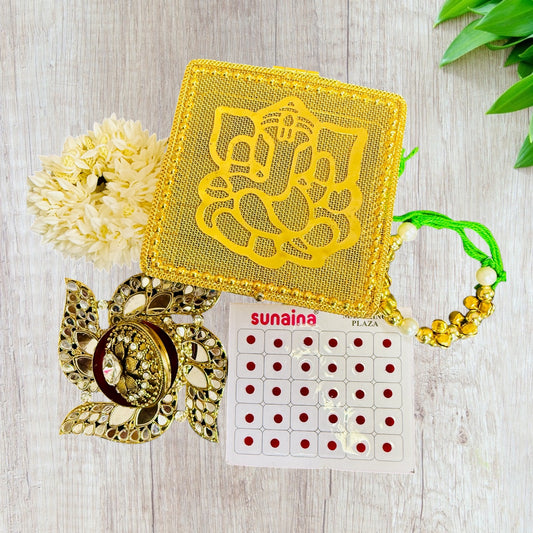 Karwachauth Combo - Designer Trinket Box, Scented Gajra, Ghungroo Bracelet & Bindi in Metal Gift Box