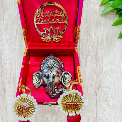 Ready-to-Gift Diwali Combos - German Silver Ganesha Hanging in Gift Box with Happy Diwali Decal