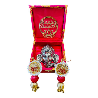 Ready-to-Gift Diwali Combos - German Silver Ganesha Hanging in Gift Box with Happy Diwali Decal