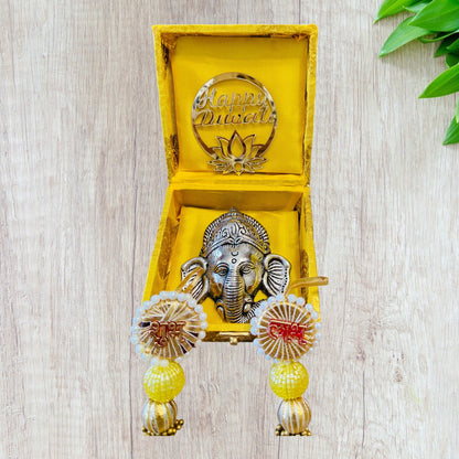 Ready-to-Gift Diwali Combos - German Silver Ganesha Hanging in Gift Box with Happy Diwali Decal