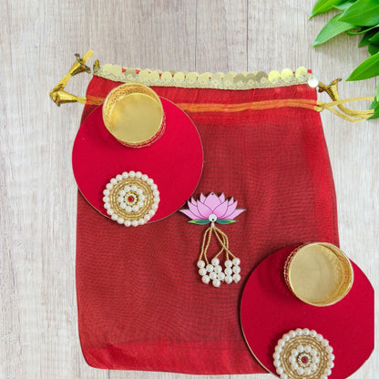 Set of 2 Round Diyas with Pearl Butti in Potli Bag