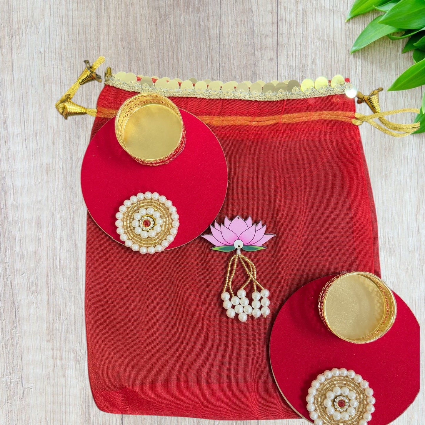 Set of 2 Round Diyas with Pearl Butti in Potli Bag