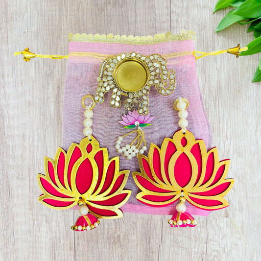 Ready to Gift Combo - Lotus Hangings & Elephant Diya in Organza Potli