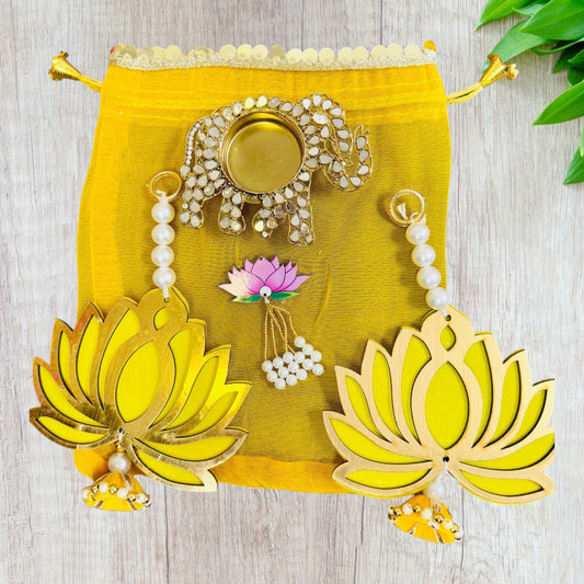Ready to Gift Combo - Lotus Hangings & Elephant Diya in Organza Potli