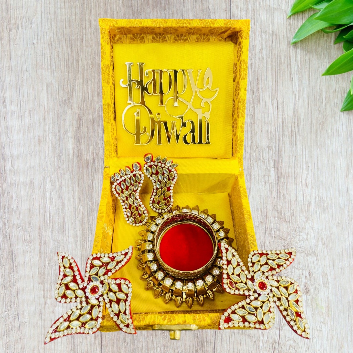 Diwali Gift - Diya with Kundan Laxmi Charan & Swastik in Gift box with Happy Diwali Decal