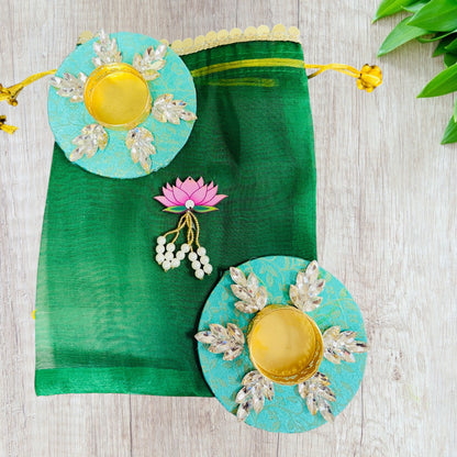 Ready to Gift - Set of 2 Brocade T-light Holders in Organza Potli