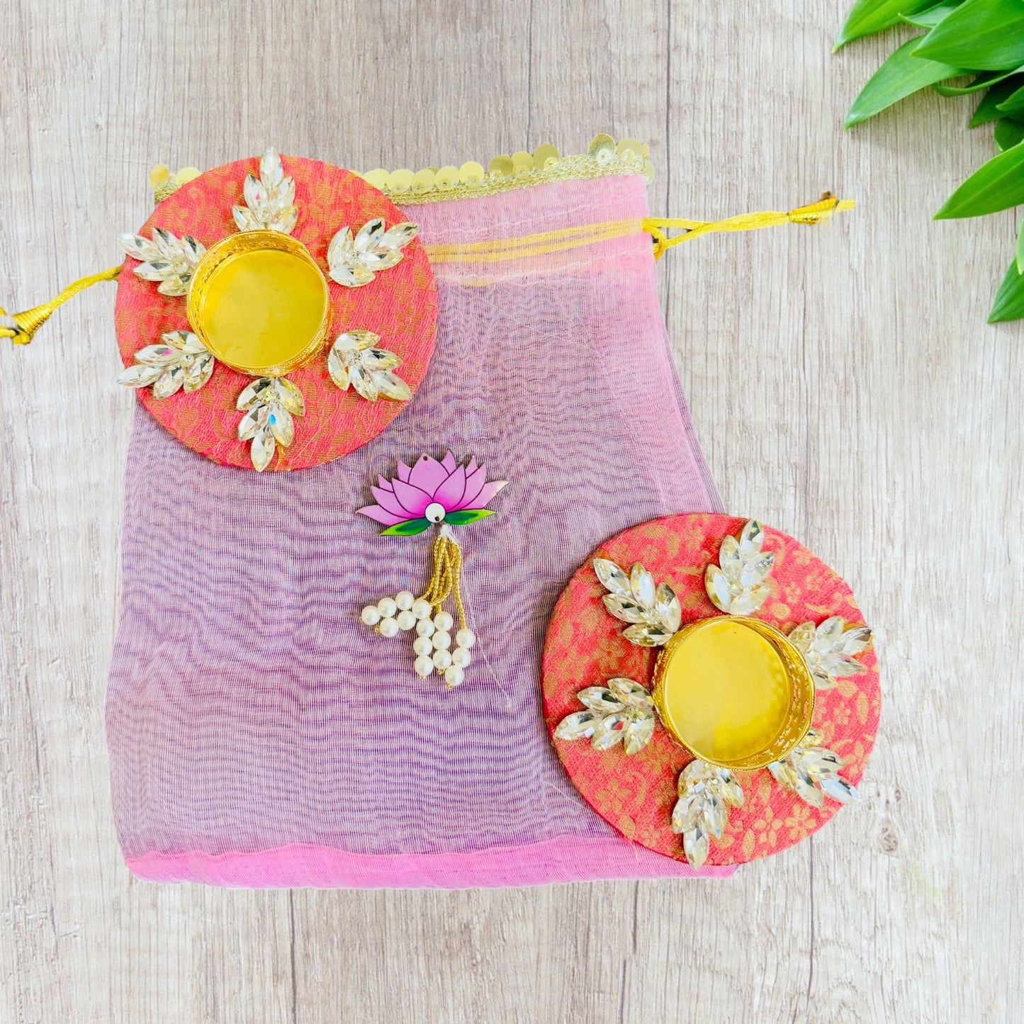 Ready to Gift - Set of 2 Brocade T-light Holders in Organza Potli