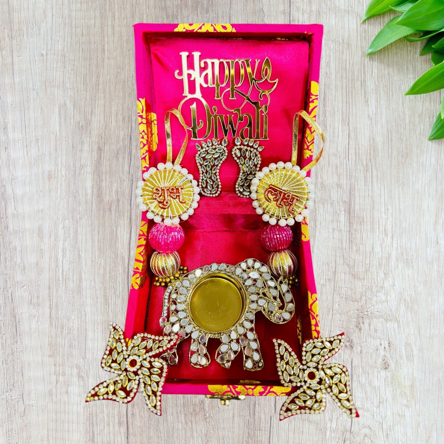 Diwali Gift Combo - Laxmi Charan & Swastiks, Shubh Labh Pair & Diya in Gift Box