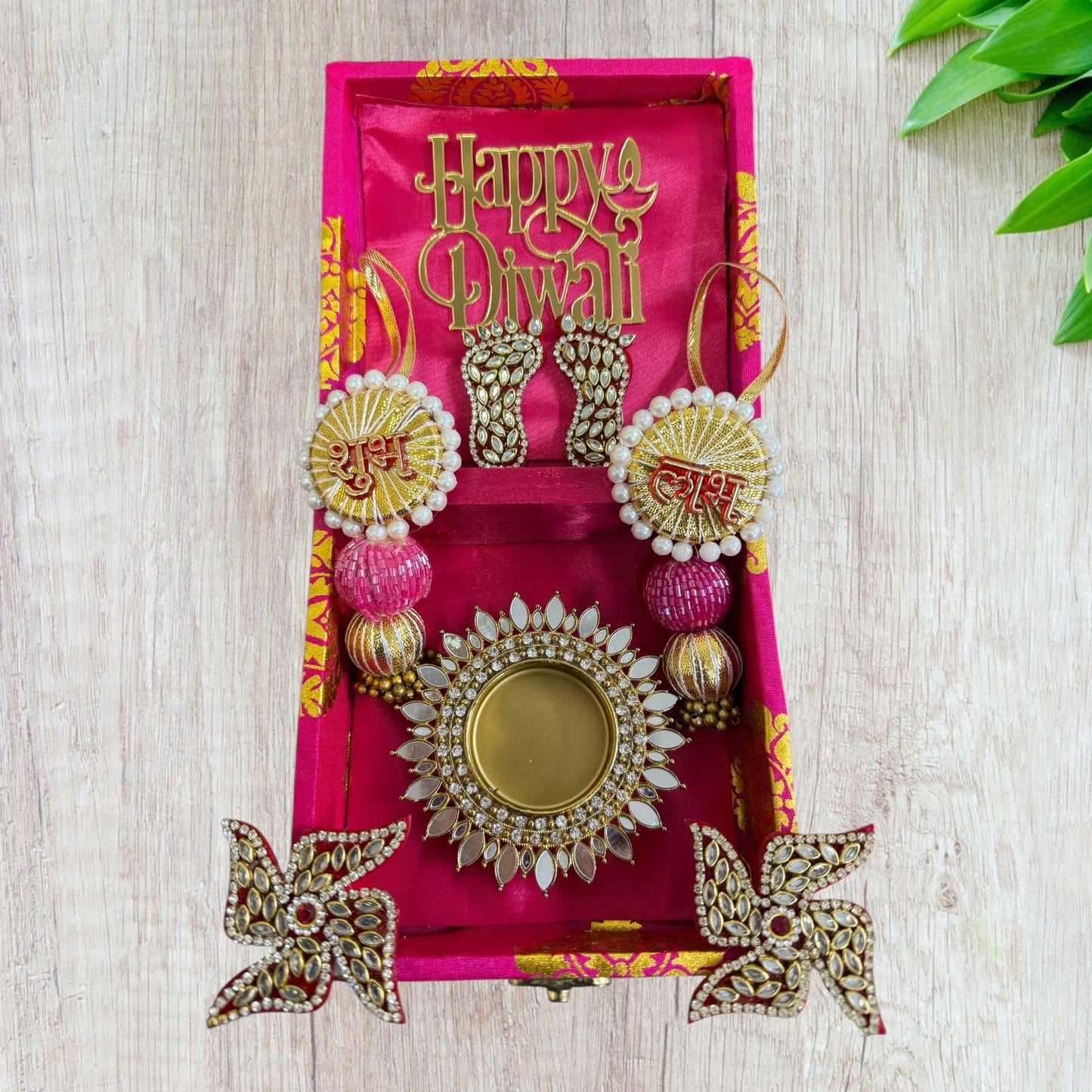 Diwali Gift Combo - Laxmi Charan & Swastiks, Shubh Labh Pair & Diya in Gift Box