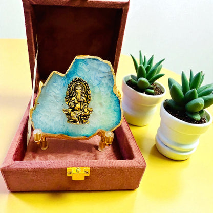 Ganesha on Agate with Stand & Suede Gift Box - Premium Gift for Any Occasion