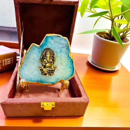 Ganesha on Agate with Stand & Suede Gift Box - Premium Gift for Any Occasion