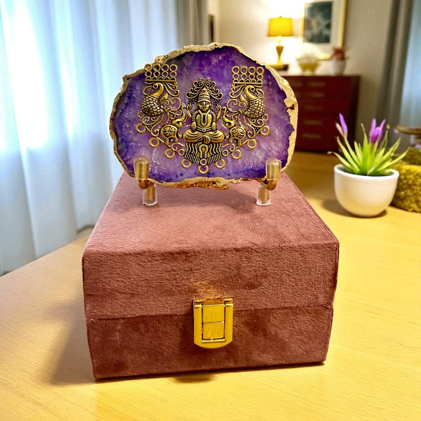 Laxmi on Natural Agate Stone with Stand & Suede Gift Box - Premium Gift for Any Occasion