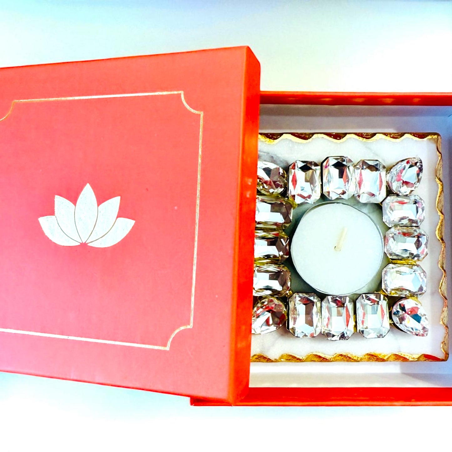 Kundan T Light Holder with Box Base Marble - Housewarming/Host Gift /Diwali Gift