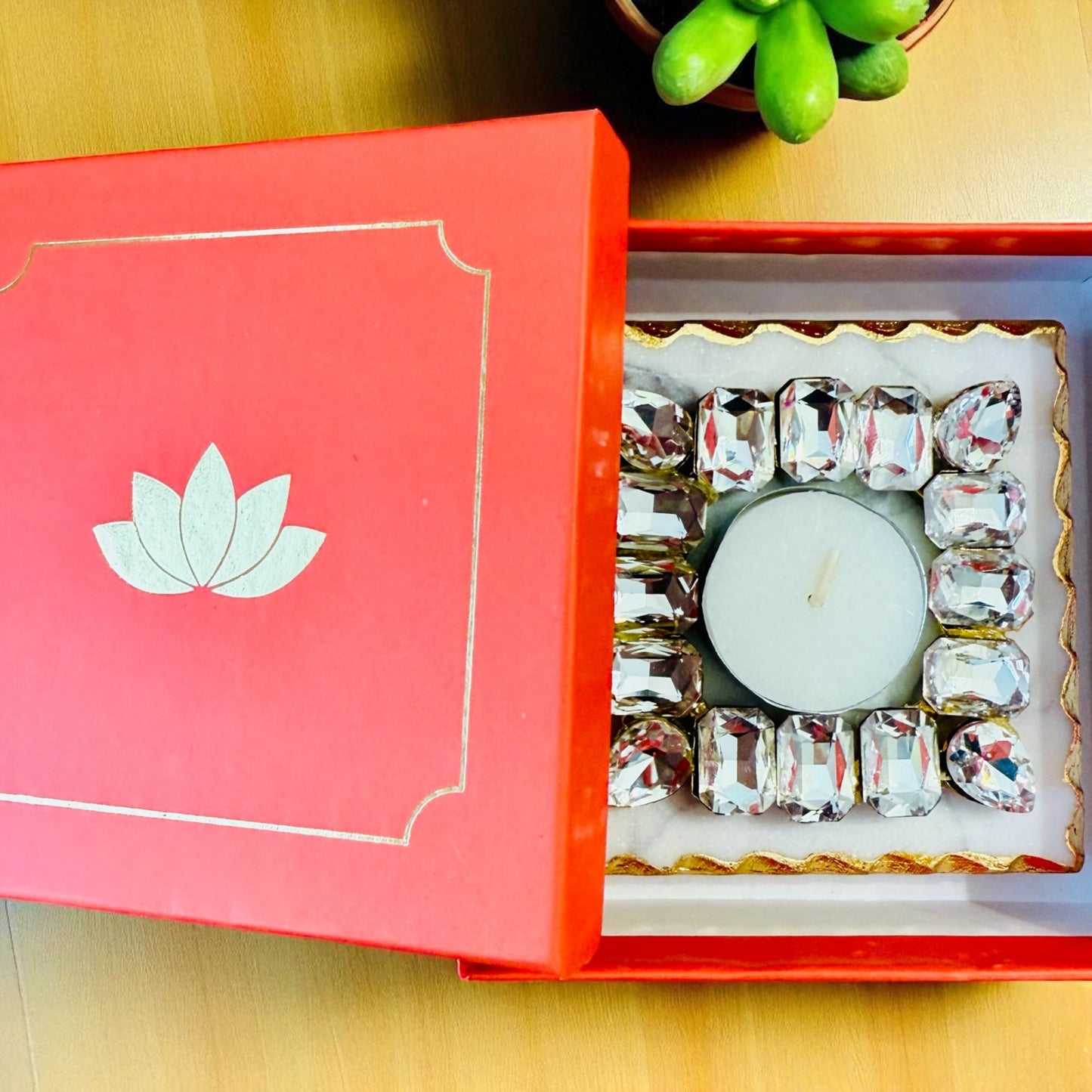 Kundan T Light Holder with Box Base Marble - Housewarming/Host Gift /Diwali Gift