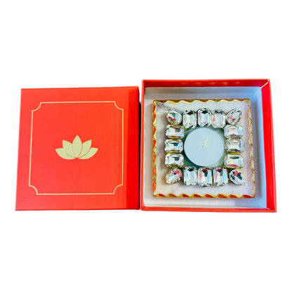 Kundan T Light Holder with Box Base Marble - Housewarming/Host Gift /Diwali Gift