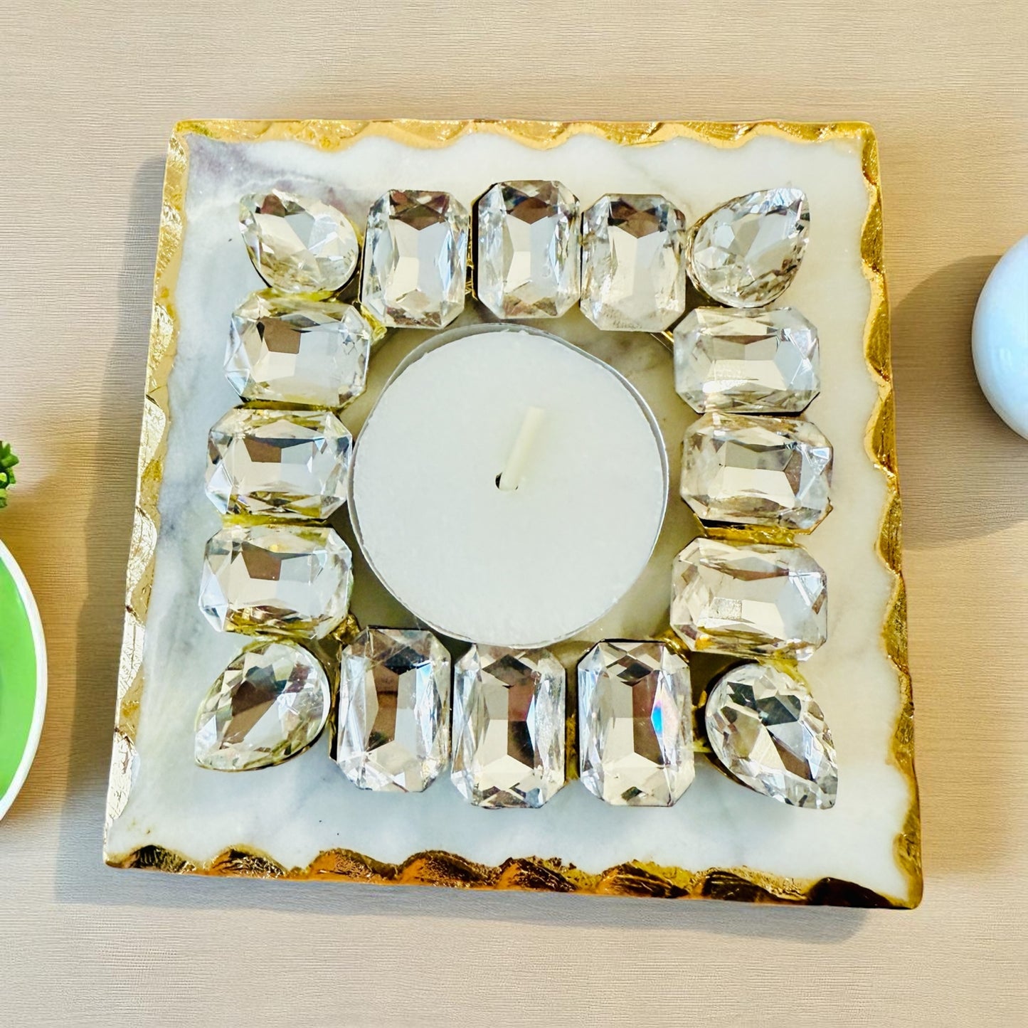 Kundan T Light Holder with Box Base Marble - Housewarming/Host Gift /Diwali Gift