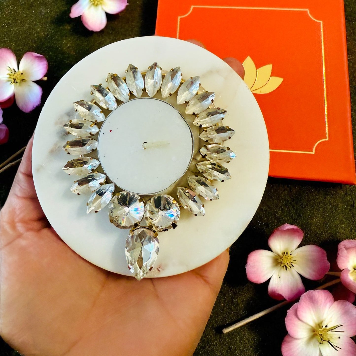 Kundan T Light Holder with Box Base Marble - Housewarming/Host Gift /Diwali Gift