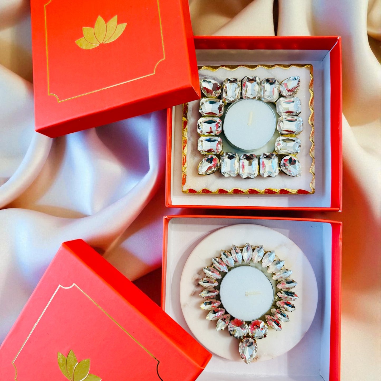 Kundan T Light Holder with Box Base Marble - Housewarming/Host Gift /Diwali Gift