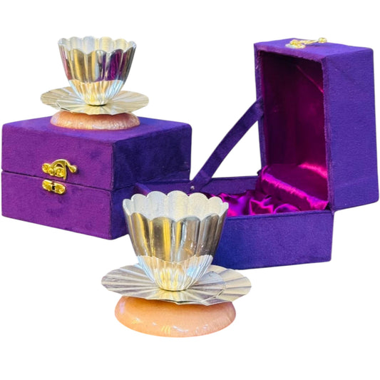 German Silver Lotus Diya with Resin Base in Gift Box