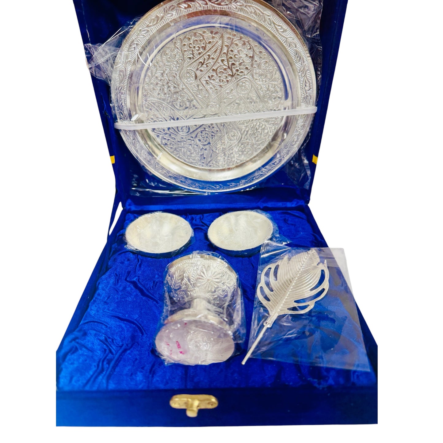 German Silver Pooja Thali Set in Velvet Box