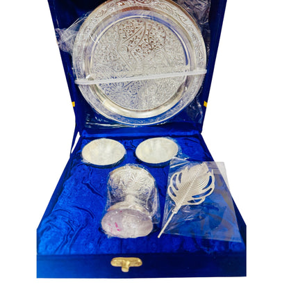 German Silver Pooja Thali Set in Velvet Box