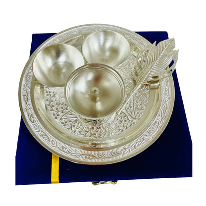 German Silver Pooja Thali Set in Velvet Box