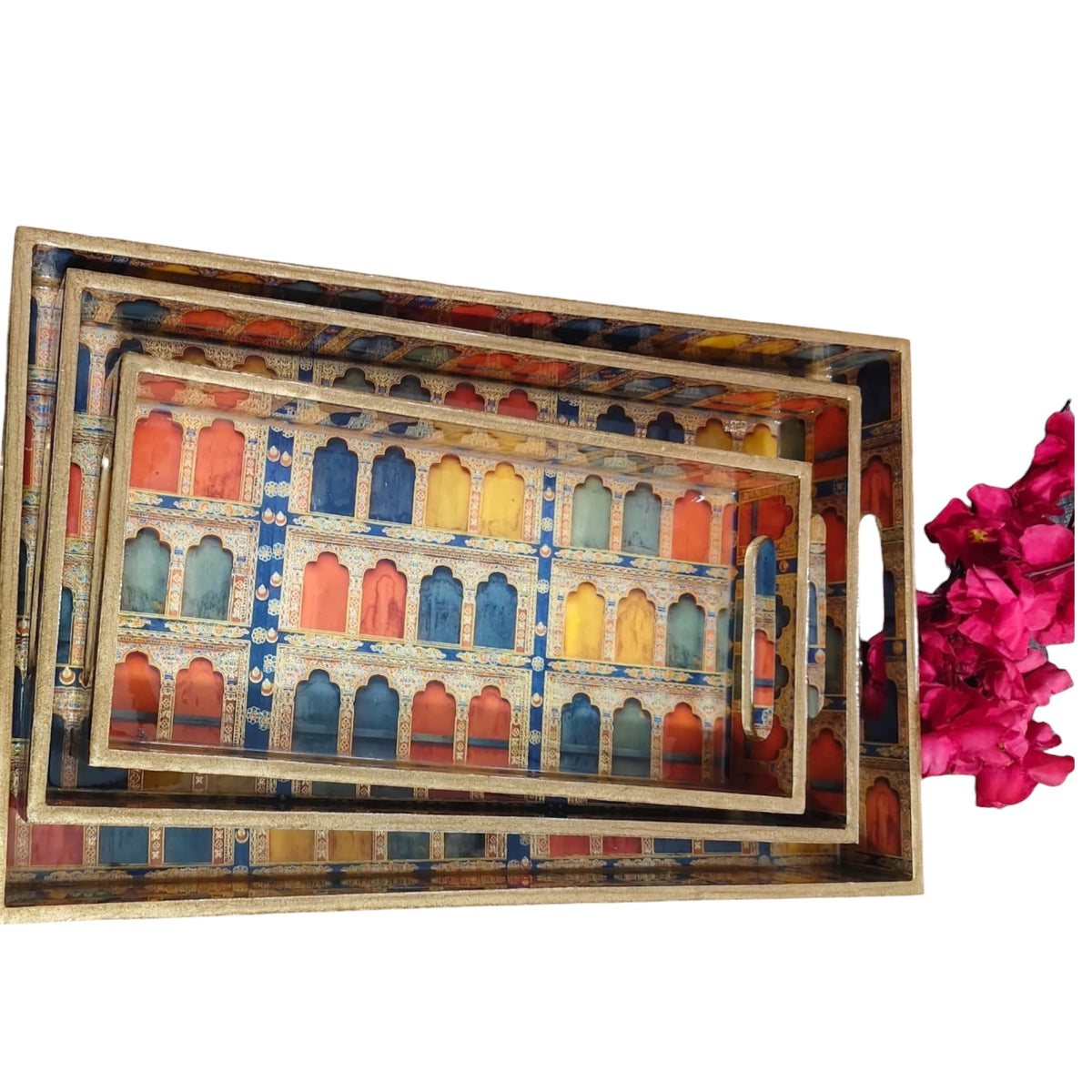 Set of 3 Wooden Trays with Traditional Indian Prints