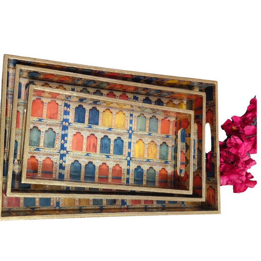 Set of 3 Wooden Trays with Traditional Indian Prints