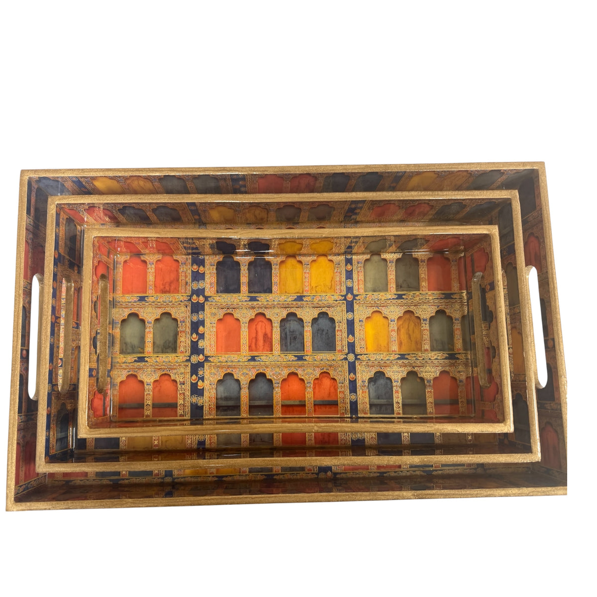 Set of 3 Wooden Trays with Traditional Indian Prints