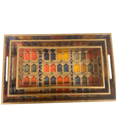 Set of 3 Wooden Trays with Traditional Indian Prints