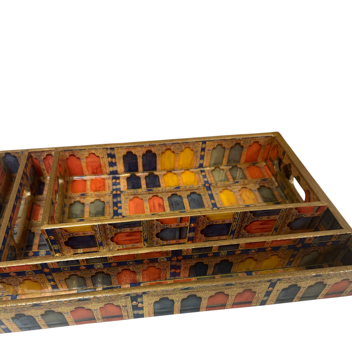 Set of 3 Wooden Trays with Traditional Indian Prints