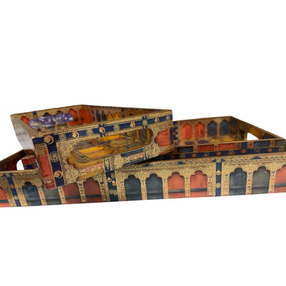 Set of 3 Wooden Trays with Traditional Indian Prints