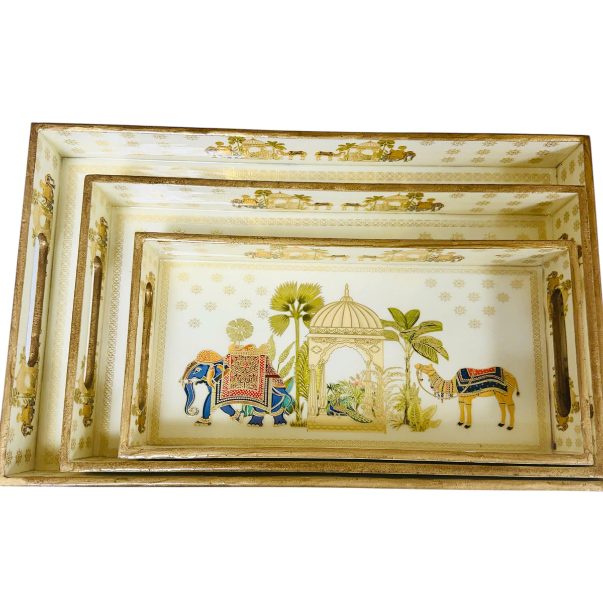 Set of 3 Wooden Trays with Traditional Indian Prints