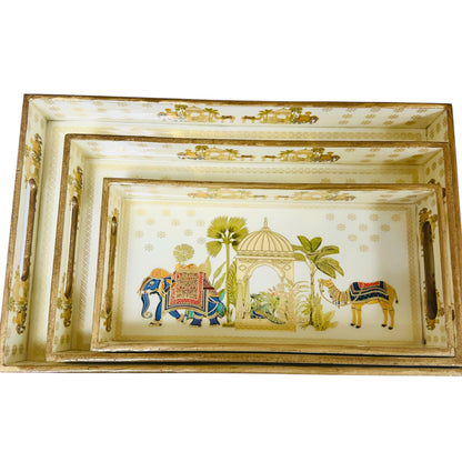 Set of 3 Wooden Trays with Traditional Indian Prints
