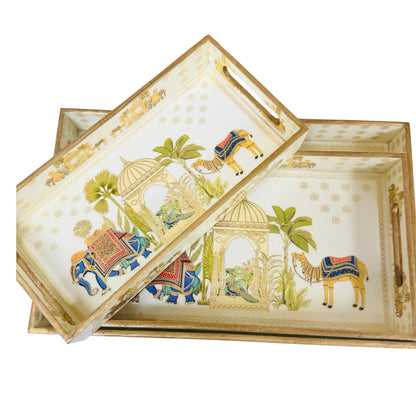Set of 3 Wooden Trays with Traditional Indian Prints