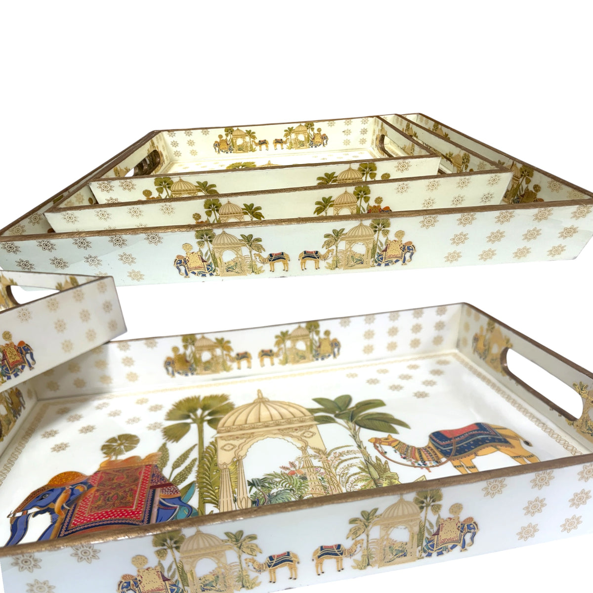 Set of 3 Wooden Trays with Traditional Indian Prints