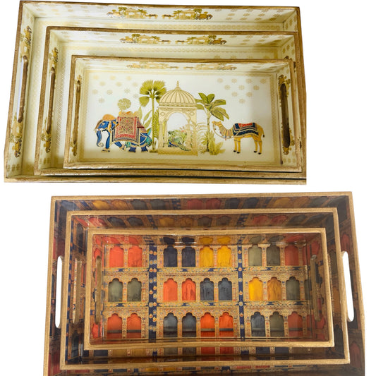 Set of 3 Wooden Trays with Traditional Indian Prints