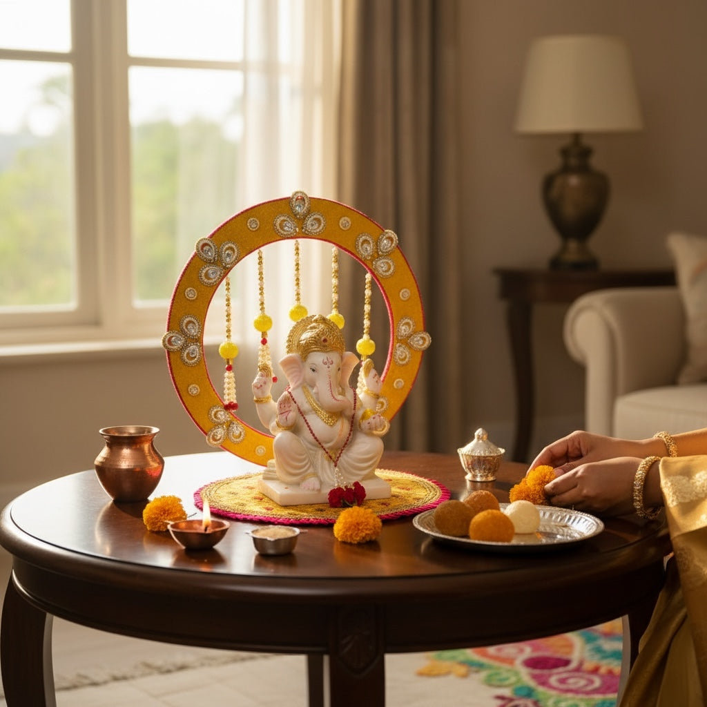 Ganpati Singhasan with Backdrop - Reusable Decoration for Ganesha Chaturthi/Ganpati Festival