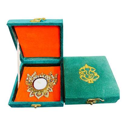 Handmade Designer Lotus Diya in Green Suede Box