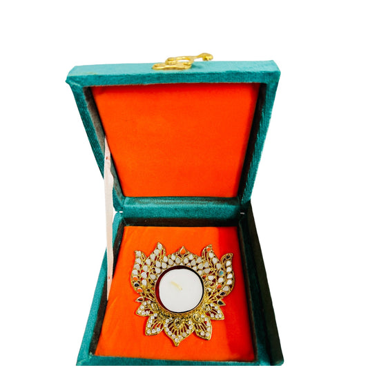 Handmade Designer Lotus Diya in Green Suede Box