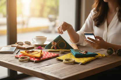 Traditional Ready to Give Combo for Half Saree, Haldi Kumkum ceremony includes Blouse Piece, Bangles, Haldi kumkum packets in Chevron Bag