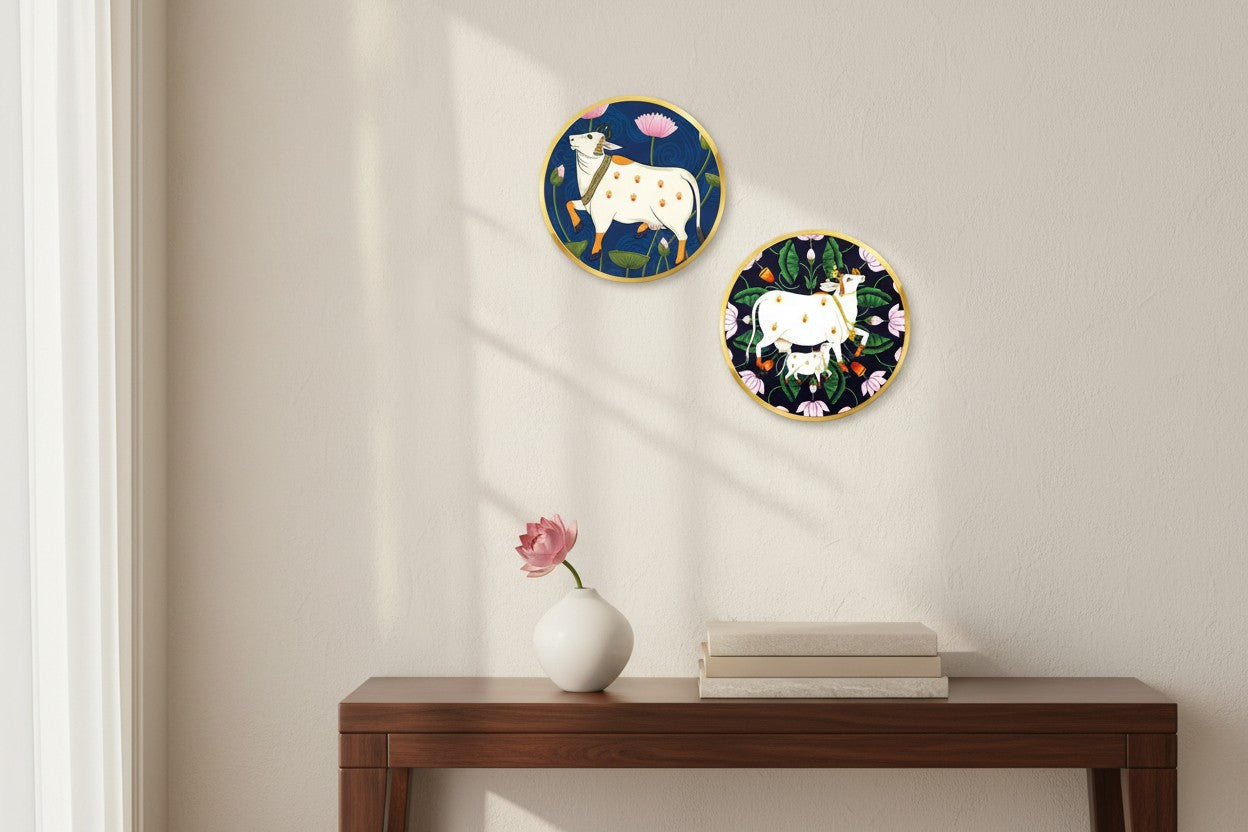 Set of 2 - Round Shape Wooden Wall Hanging Decor | Handcrafted Art | Mdf| Paintings | Sinary | Gifts | Sceneries For Wall | Unique Gift