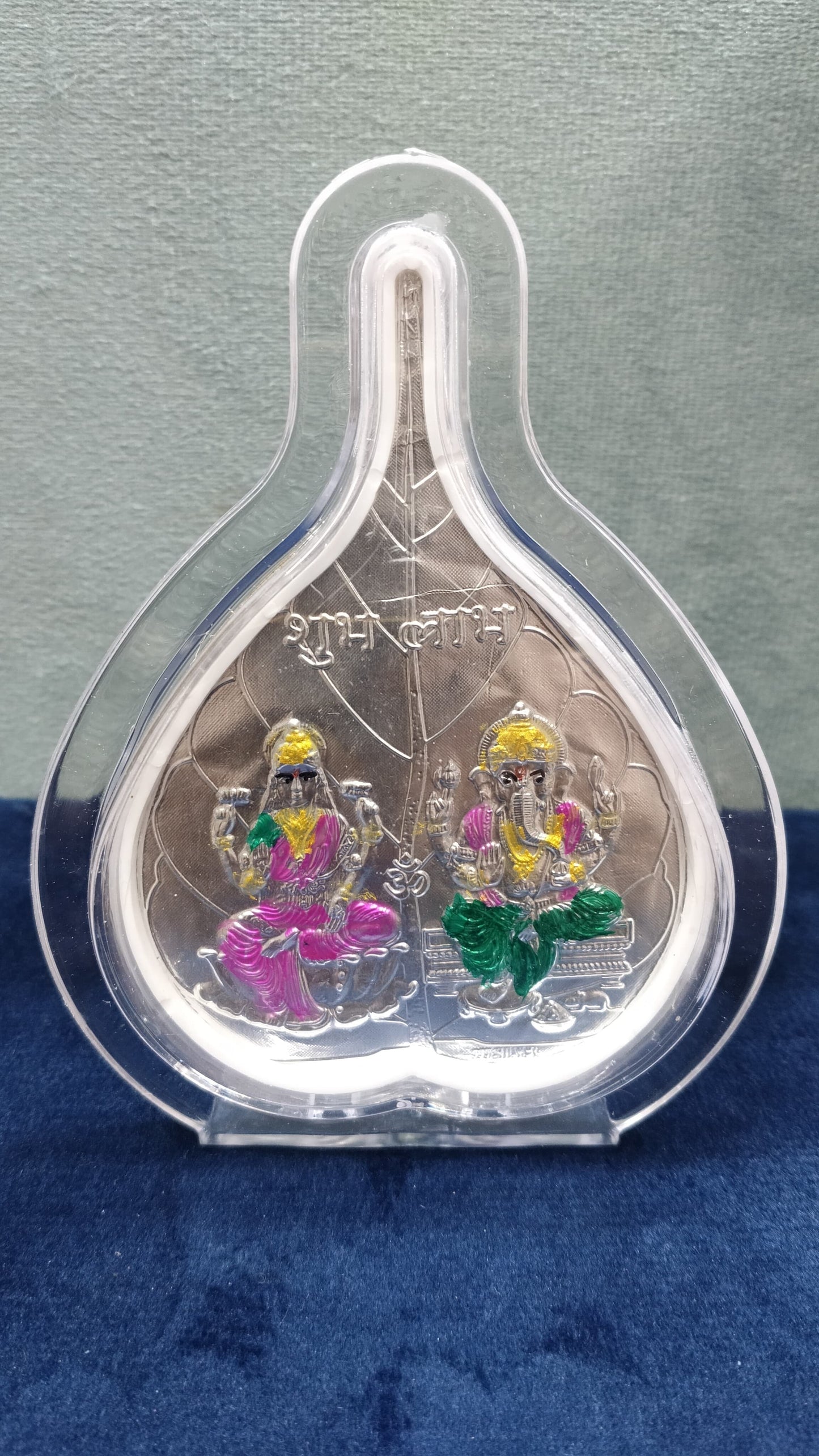 999 Pure Silver Foil Betel Leaf or Paan Frame with Colored Laxmi Ganesha Design